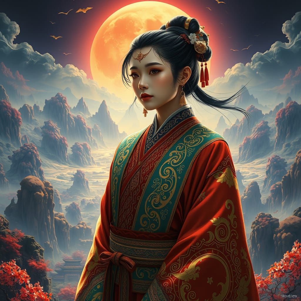 Eastern Goddess in Whimsical Fantasy Landscape