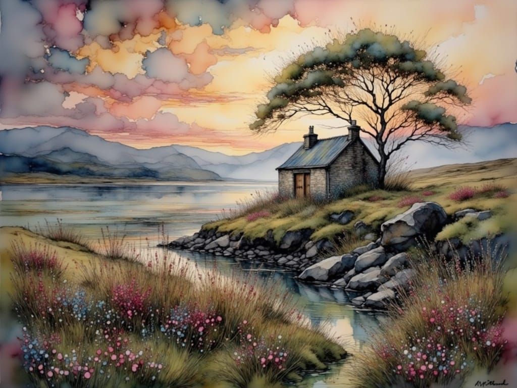 Surreal Landscape Painting in Mysterious Moorland Atmosphere