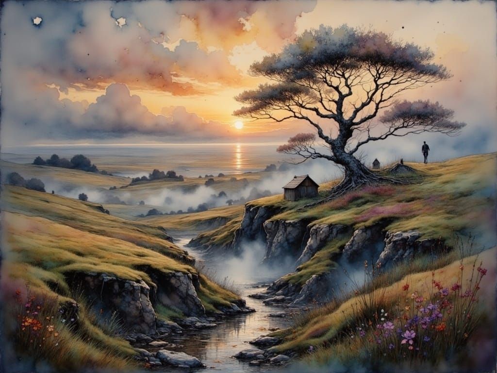 Moorland Mist at Dusk: Intricate Landscape Art