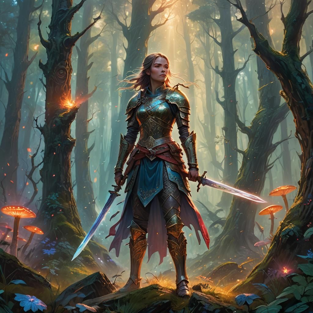 Victorious Swordswoman in Mystical Forest: Oil Painting