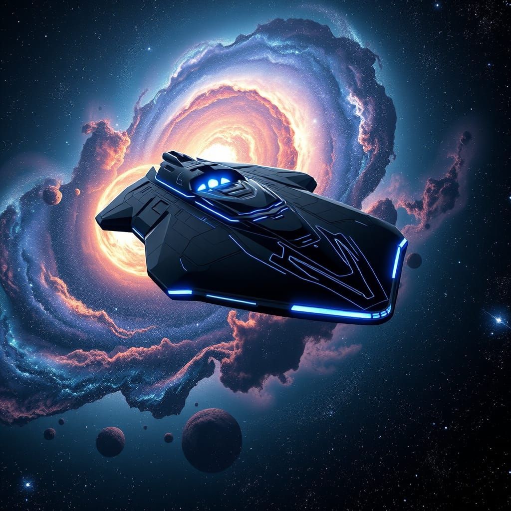 Epic Futuristic Spacecraft Soars Through Vibrant Galaxy
