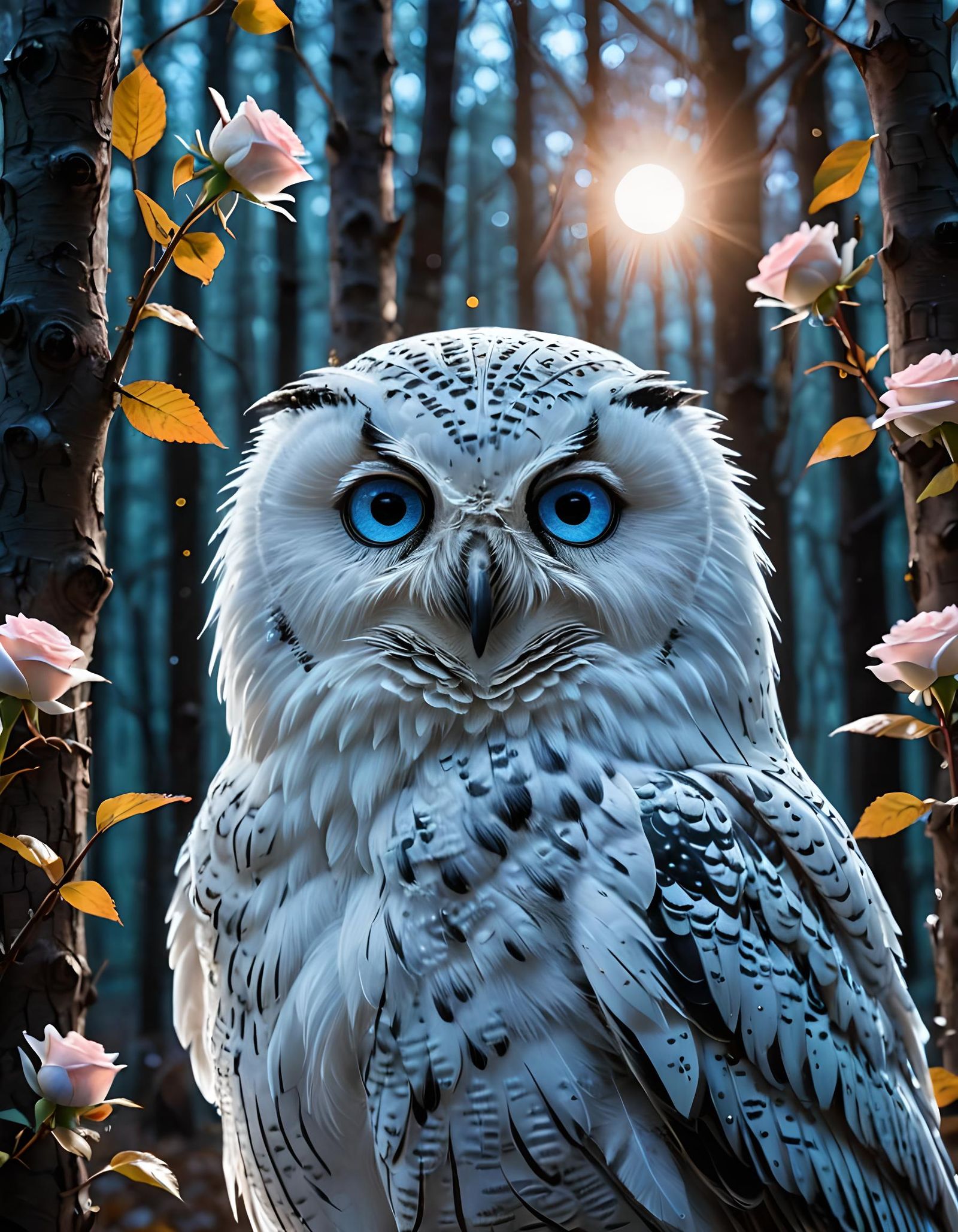 Holographic Owl in Neon Lit Birch Forest