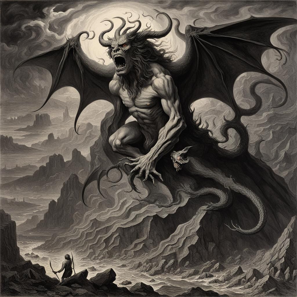 Grotesque Lucifer Consumes Souls in Hellscape