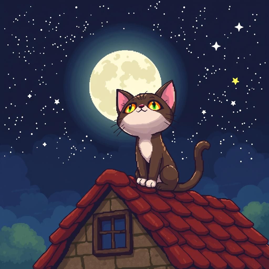 Whimsical Pixel Art Cat Gazing at Moon