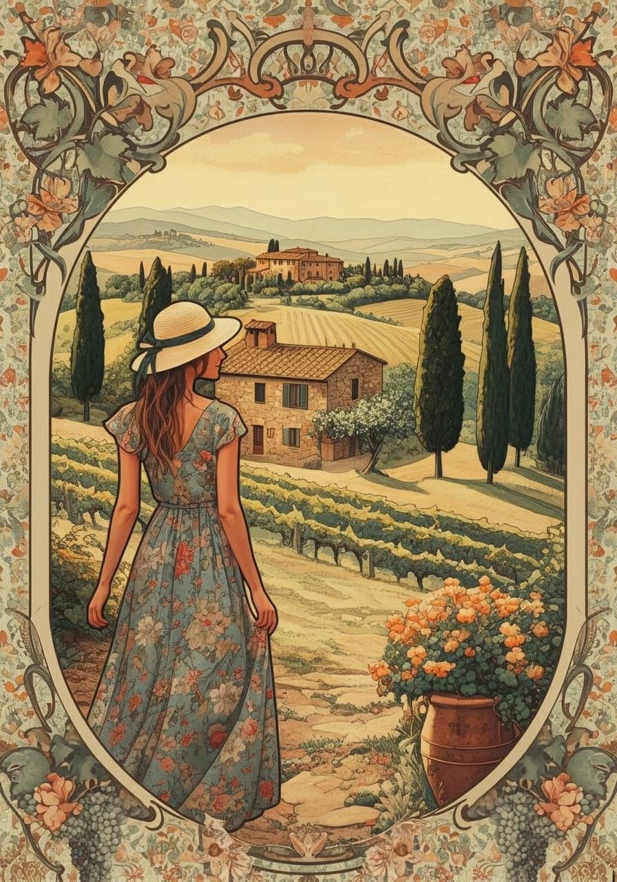 Tuscany Scene in Art Nouveau Style