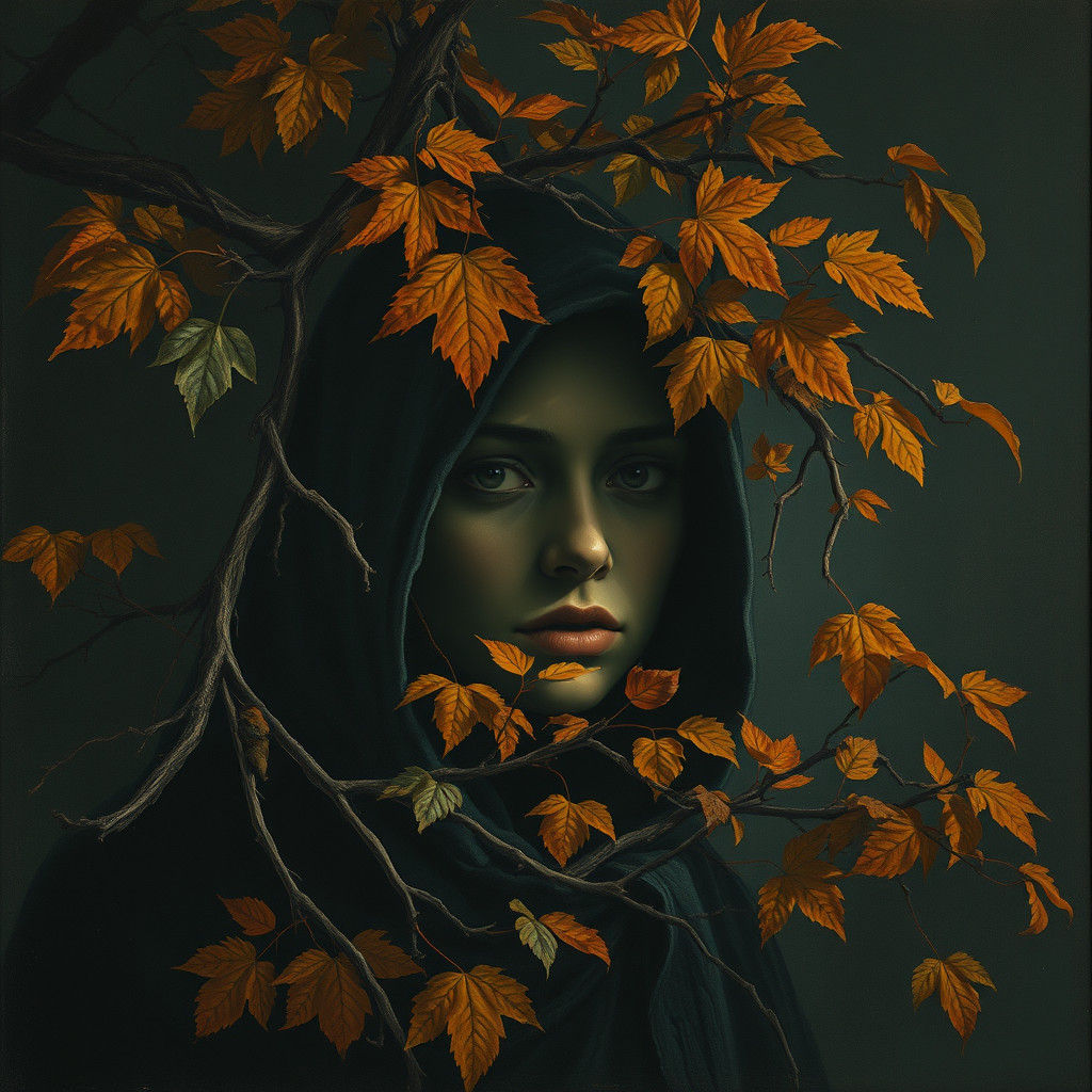 Contemplative Autumn Figure in Shadows with Expressive Brush...