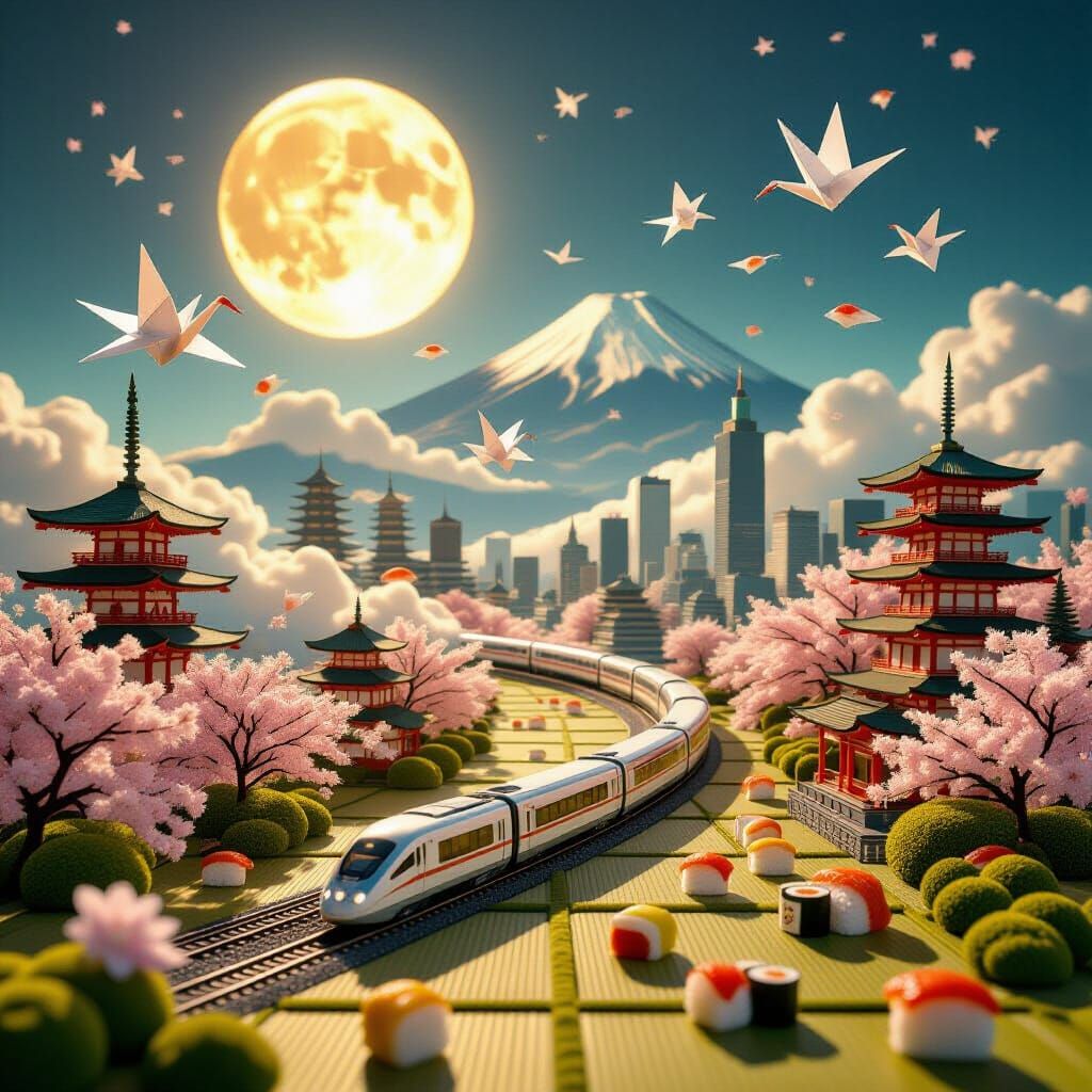 Surreal Dreamscape: Moonlit Japanese Elements in Golden Ligh...