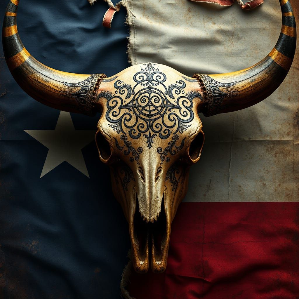 Ethereal Texas Flag Bull Skull with Ancient Mystical Pattern...