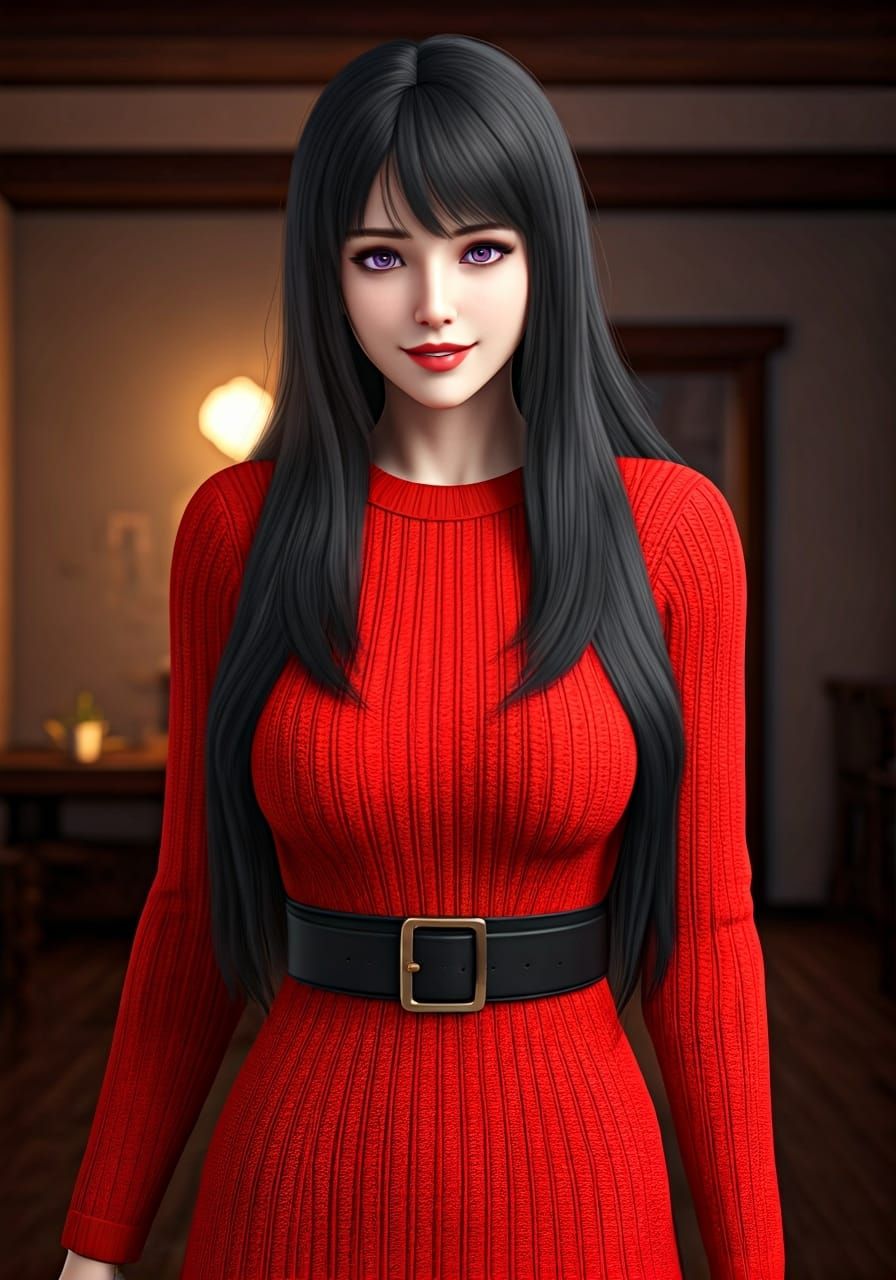 Anime Woman in Red Dress, 3D Rendered Art