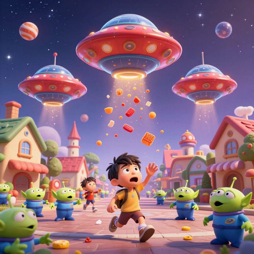 Candy UFOs Invade Town Square with Fleeing Aliens