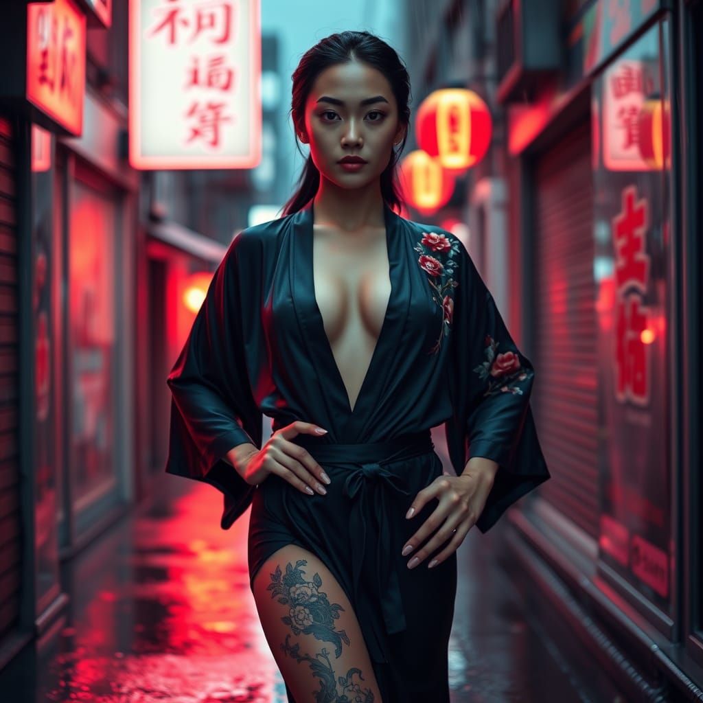 Asian Woman in Silk Kimono in Neon Alley