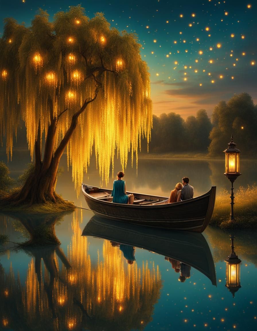 Romantic Golden Hour Reflection with Fireflies