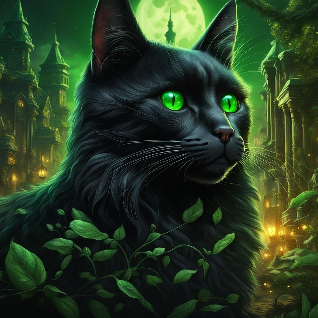 Green-Eyed Black Cat Fantasy Concept Art