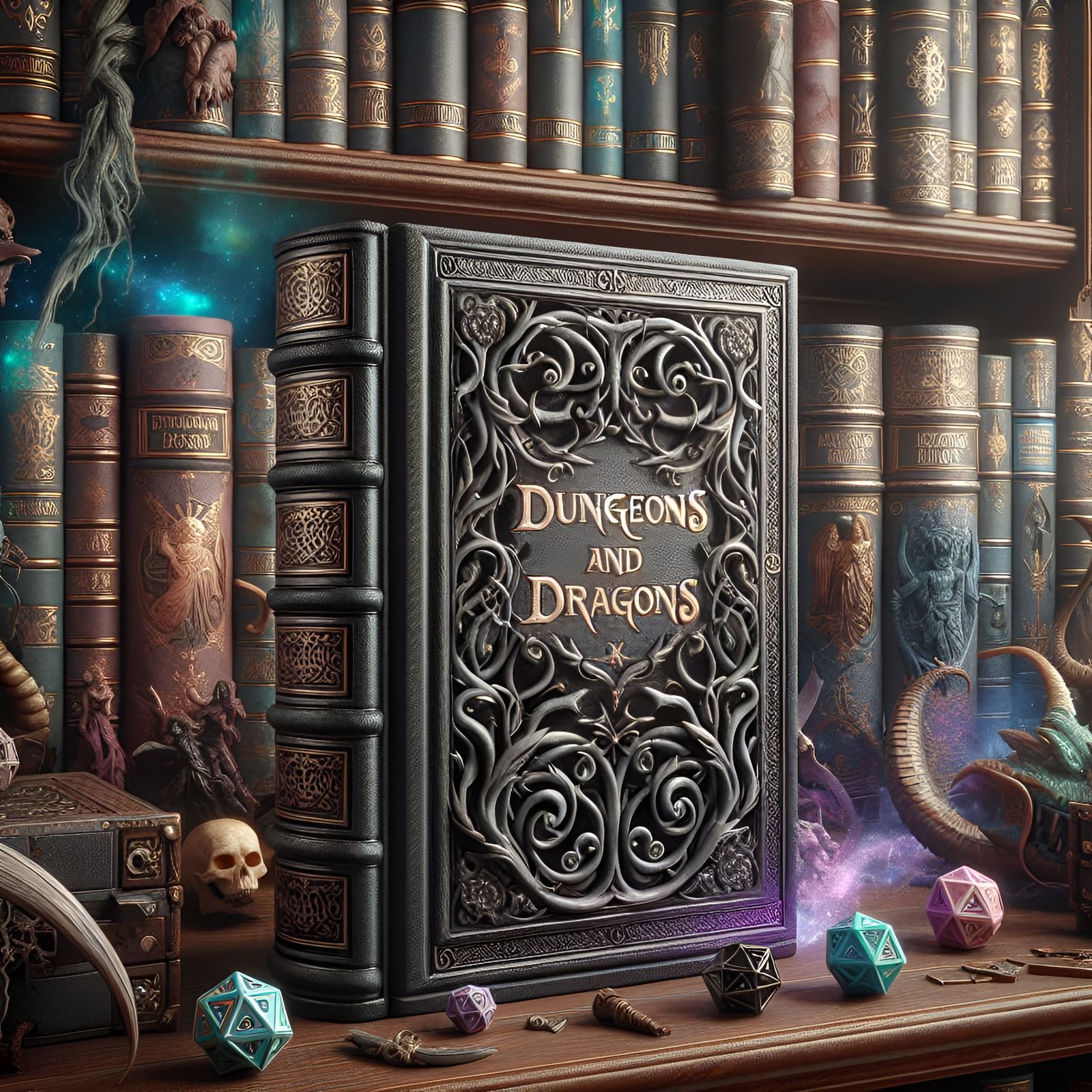 Mystical Dungeons and Dragons Tome on Ornate Bookshelf