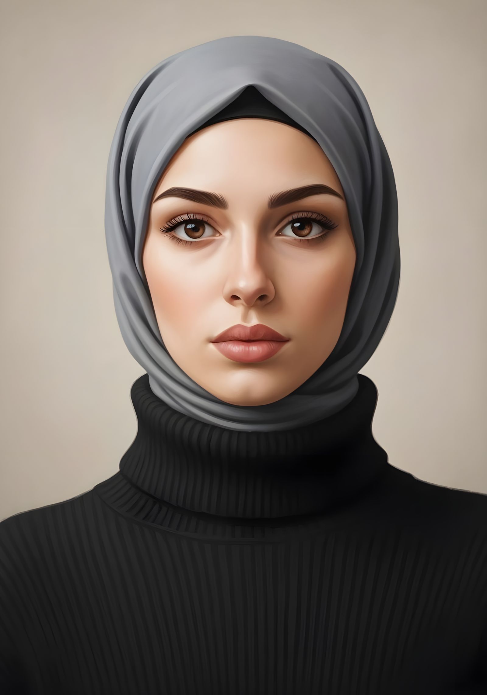 Modern Portrait Painting of Woman in Grey Hijab