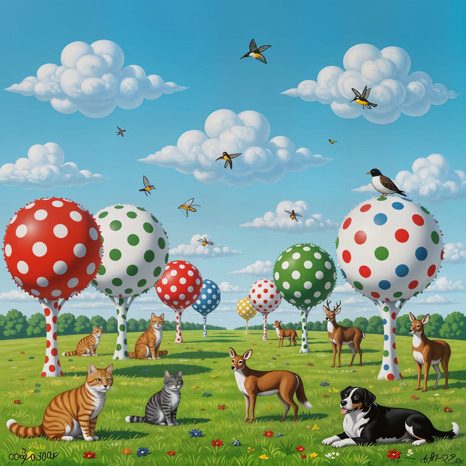 Surreal Spotted World: Trees, Clouds, and Animals in Polka D...