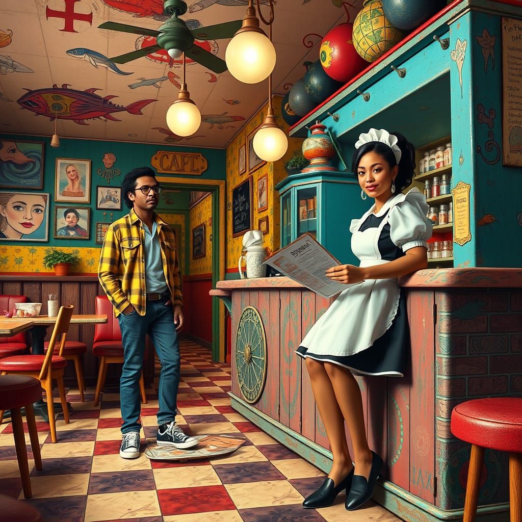 Vibrant Cafe Scene in Whimsical Style