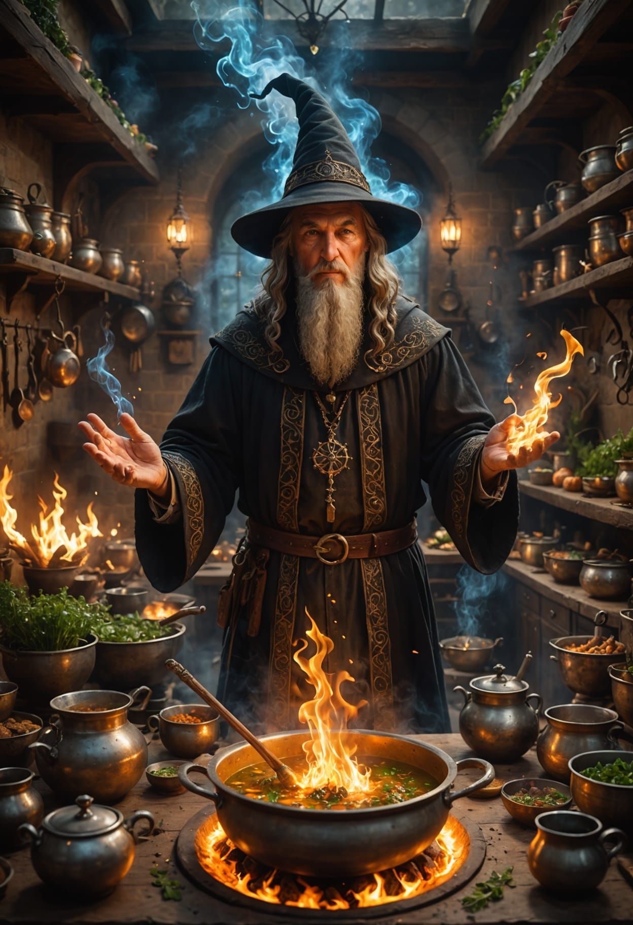Wizard Conjures Magical Soup in Grand Kitchen
