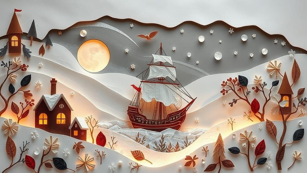 Enchanting Winter Village in Art Deco Cut-out 3D Paper Style