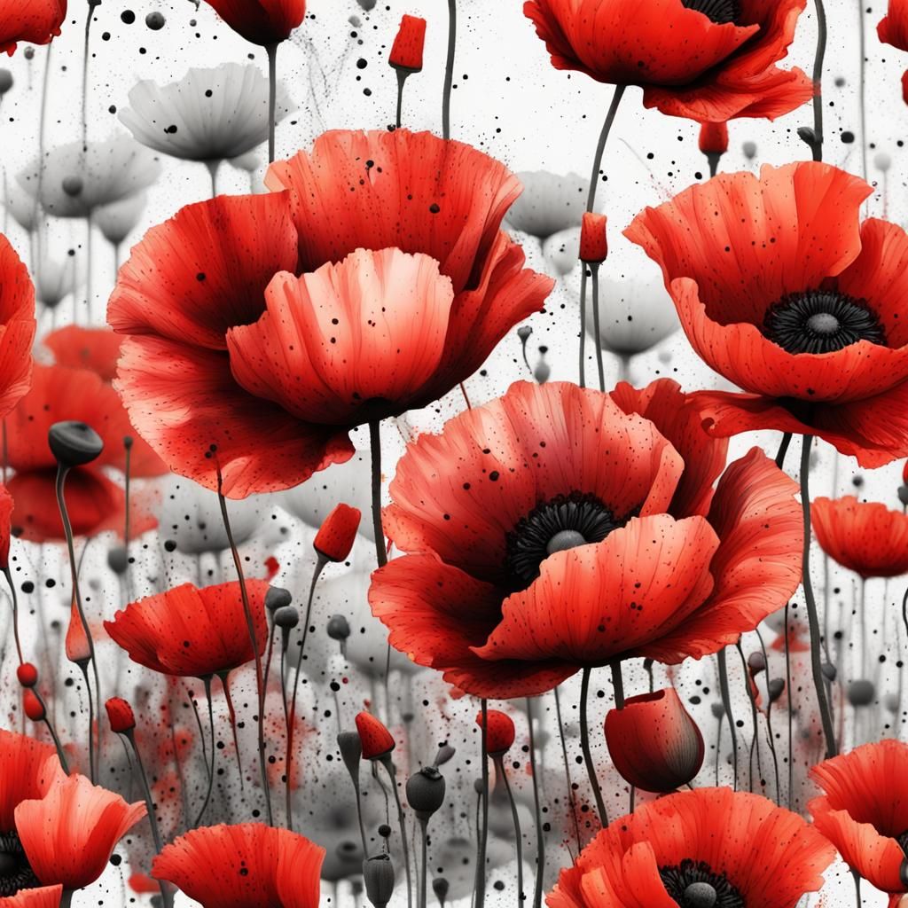 Surreal Ink Splatter Poppy Field in High Resolution