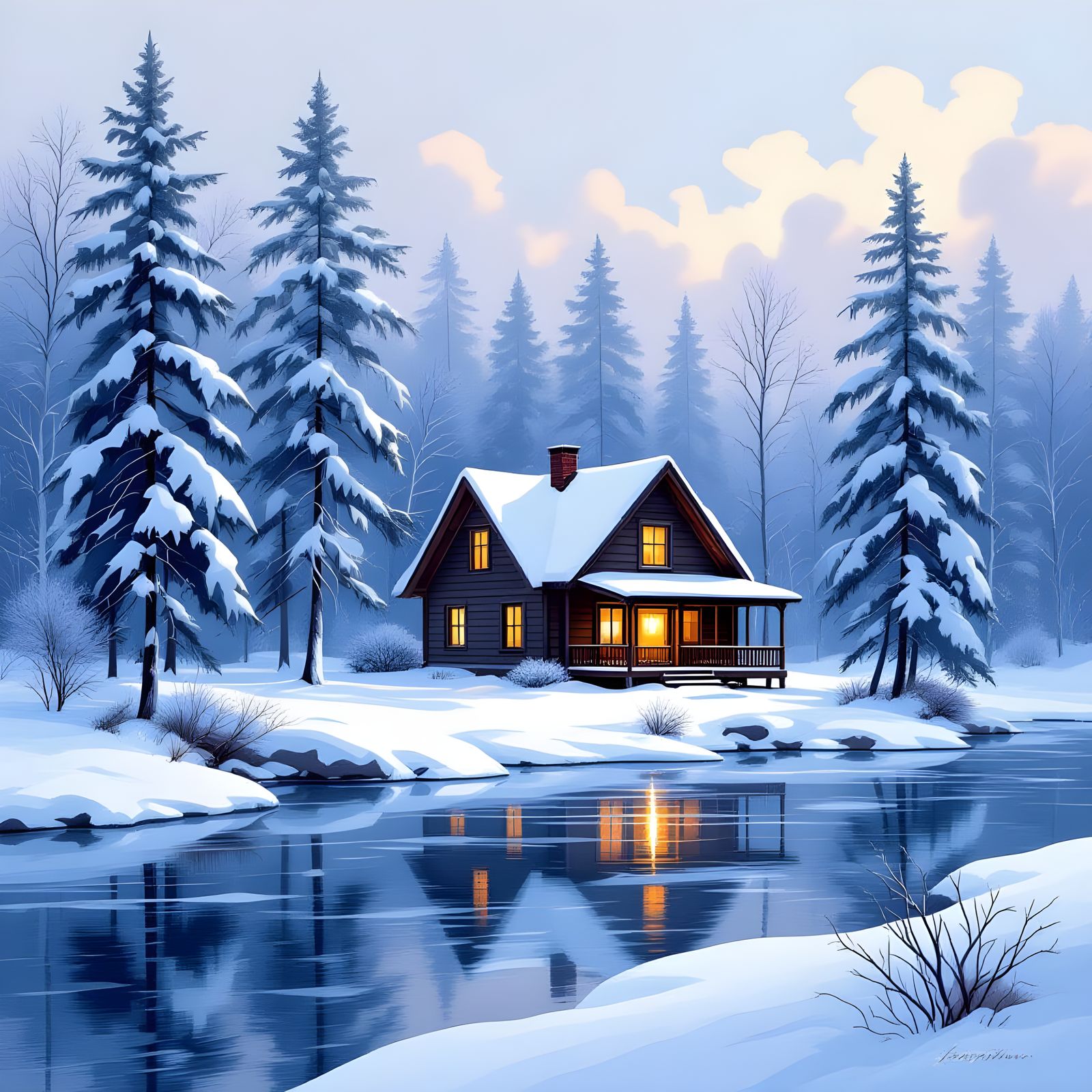 Winter House by Frozen River: Digital Painting
