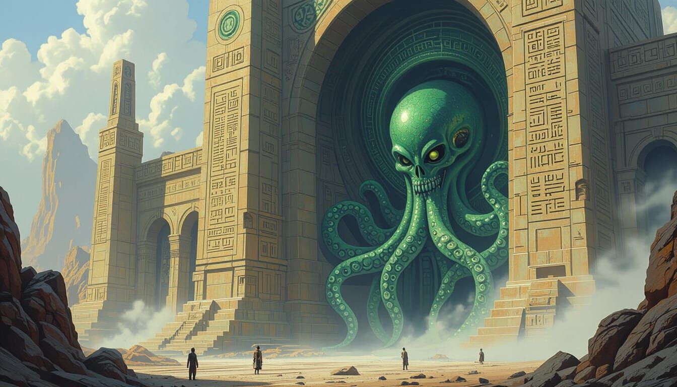 Green Alien Octopus Shrine: Retro Sci-Fi Art