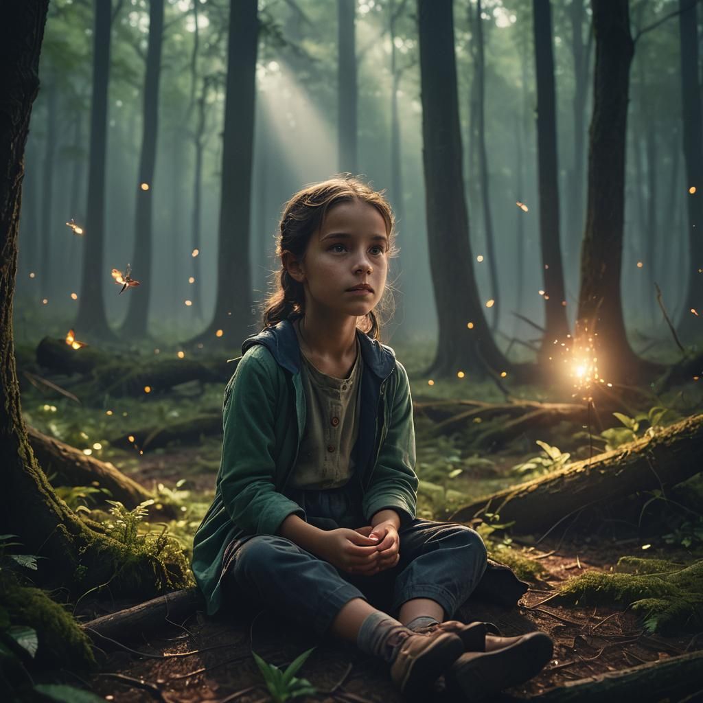 Girl Surrounded by Twinkling Fireflies in a Misty Forest