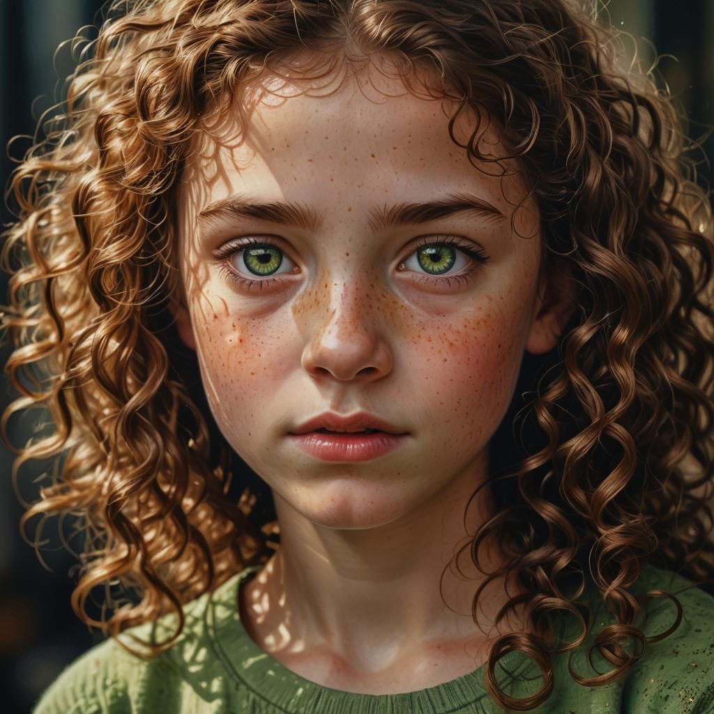 Curly Brown Girl with Green Eyes in Oil Painting Style