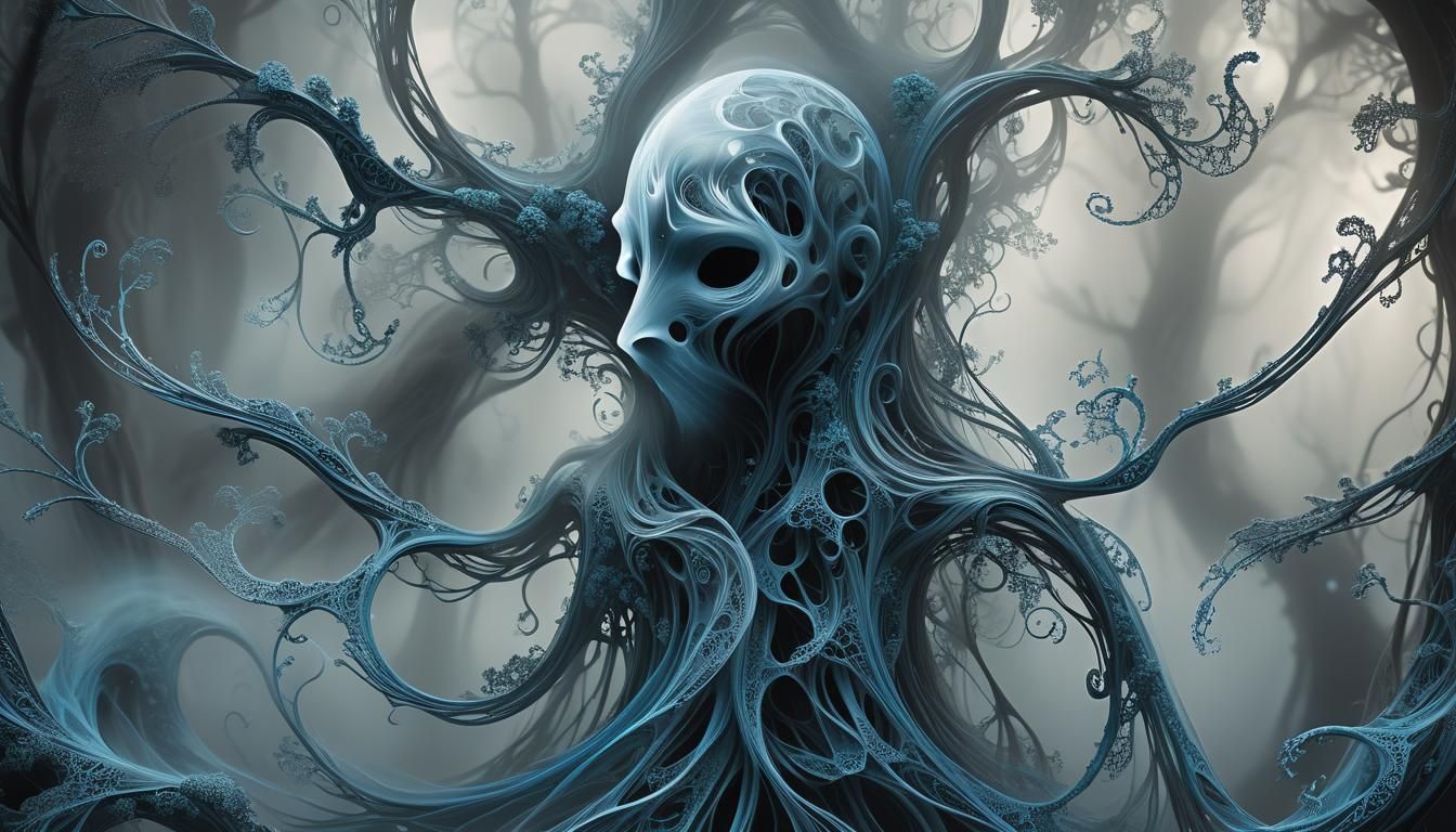 Ethereal Phantom Stalks Misty Forest: Fractal Art