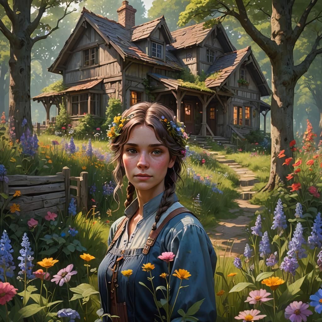 Farmhouse Cottage Portrait with Wildflowers, Hyperdetailed A...