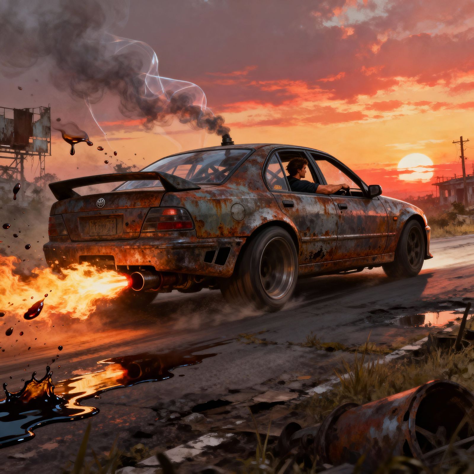 Post-Apocalyptic Driver Speeds Through Sunset