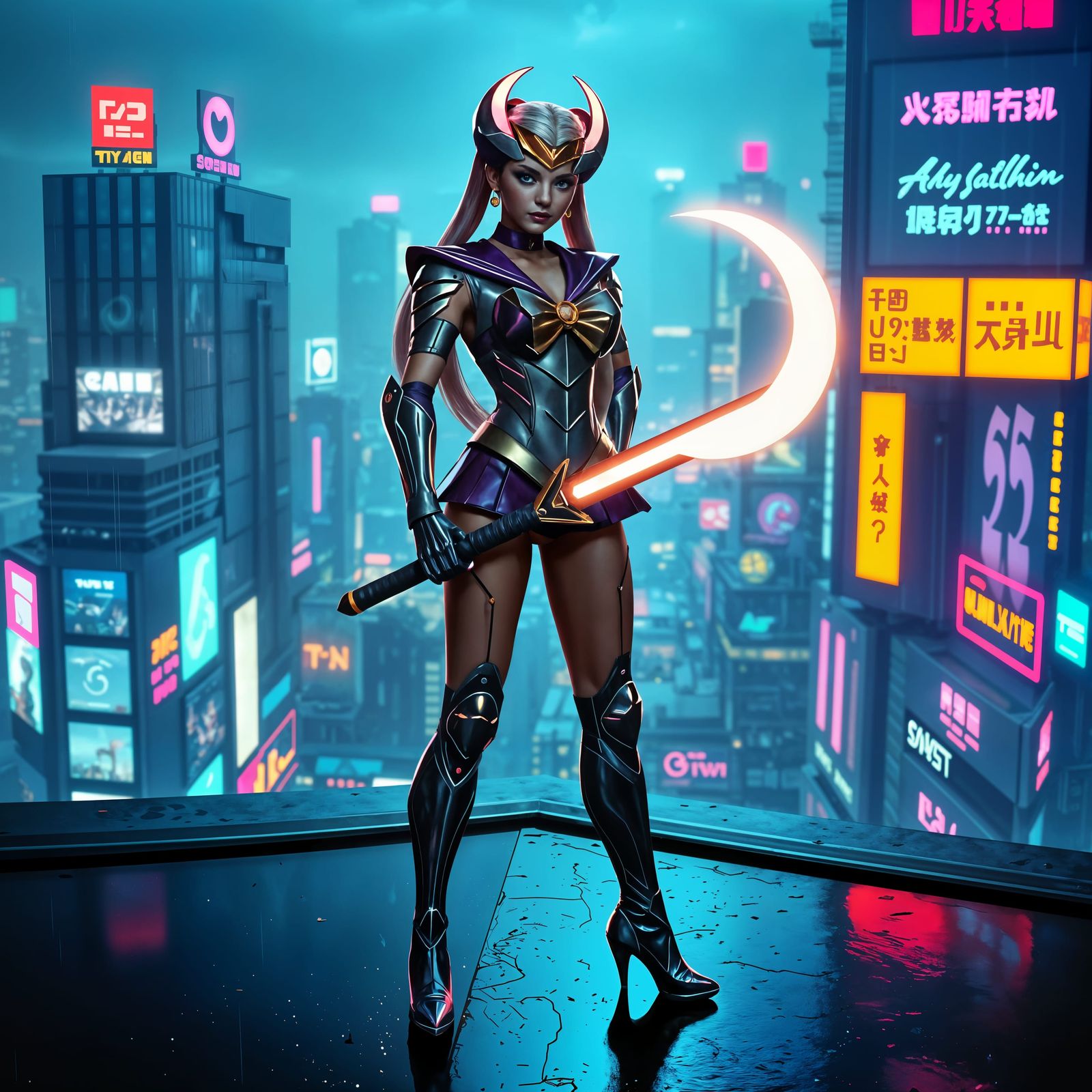 Sailor Moon in Cyberpunk Armor, Guardian of a Futuristic Met...