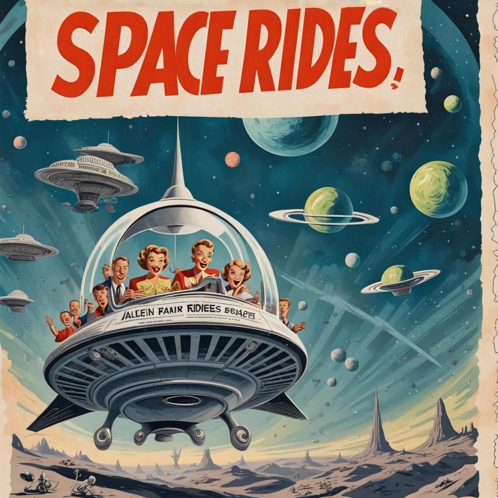 A 1950s newspaper advert, advertising rides in an alien spaceship.