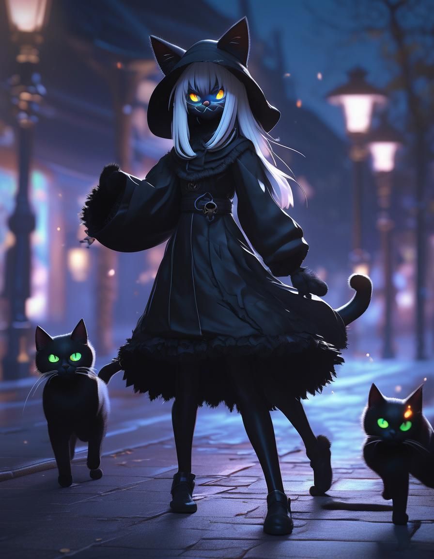 Demonic humanoid furry female black cat going trick or threating. By artist "anime", 3d anime art, inspired by WLOP, Art...