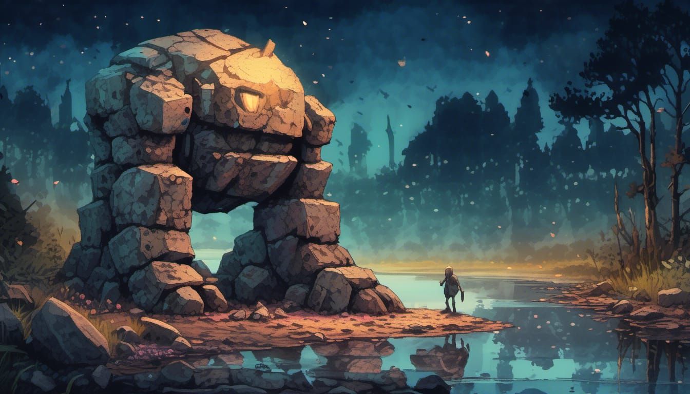 Night Golem by Riverbed in Watercolor Style