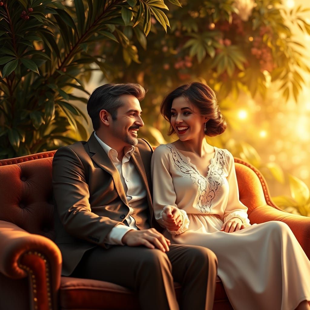 Couple in Enchanted Forest Setting, Golden Lighting
