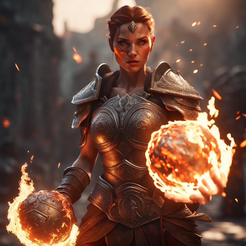 Fiery Woman Warrior in 3D Game Cinematic Style