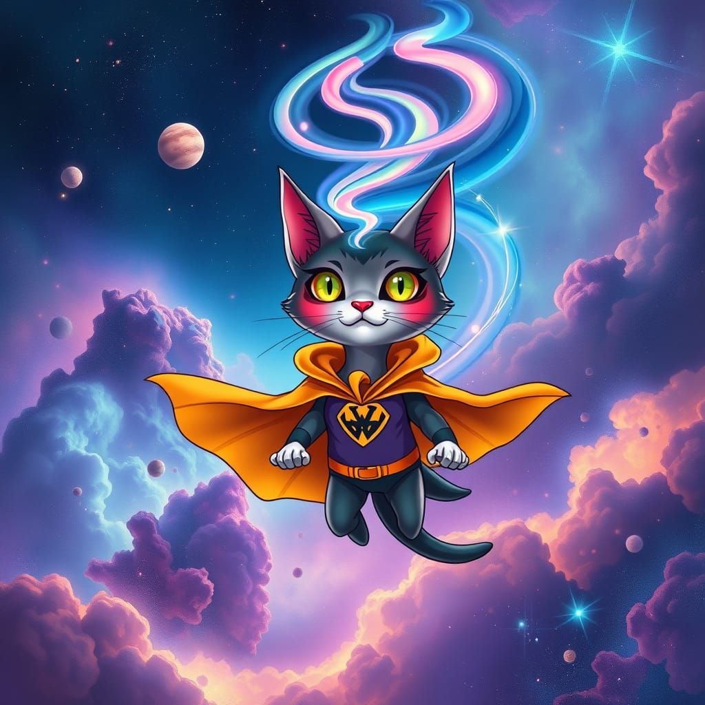 Cosmic Cat Superhero in Nebula, Aurora Crown