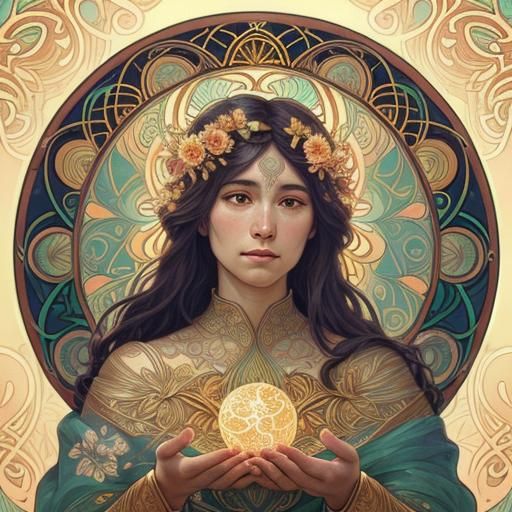 Celestial Protector with Flowers in Art Nouveau Style