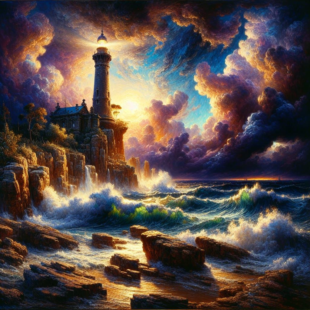 Lighthouse Seascape Painting with a Brewing Storm