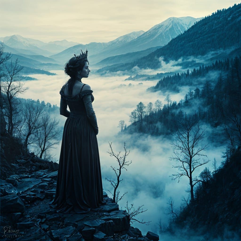 Gothic Queen Surveys Foggy Kingdom from Tower