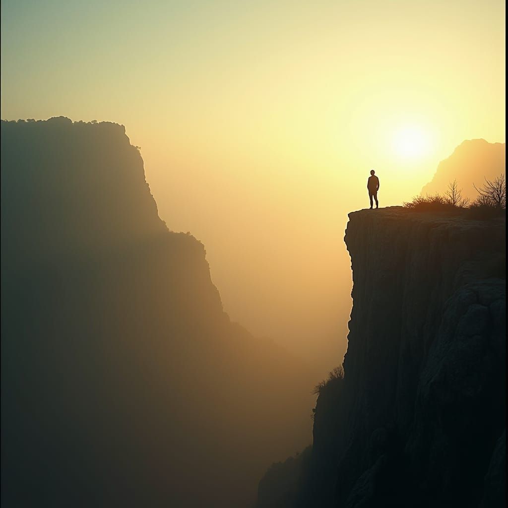 Cliffside Sunset: Golden Light on a Mist-Shrouded Valley