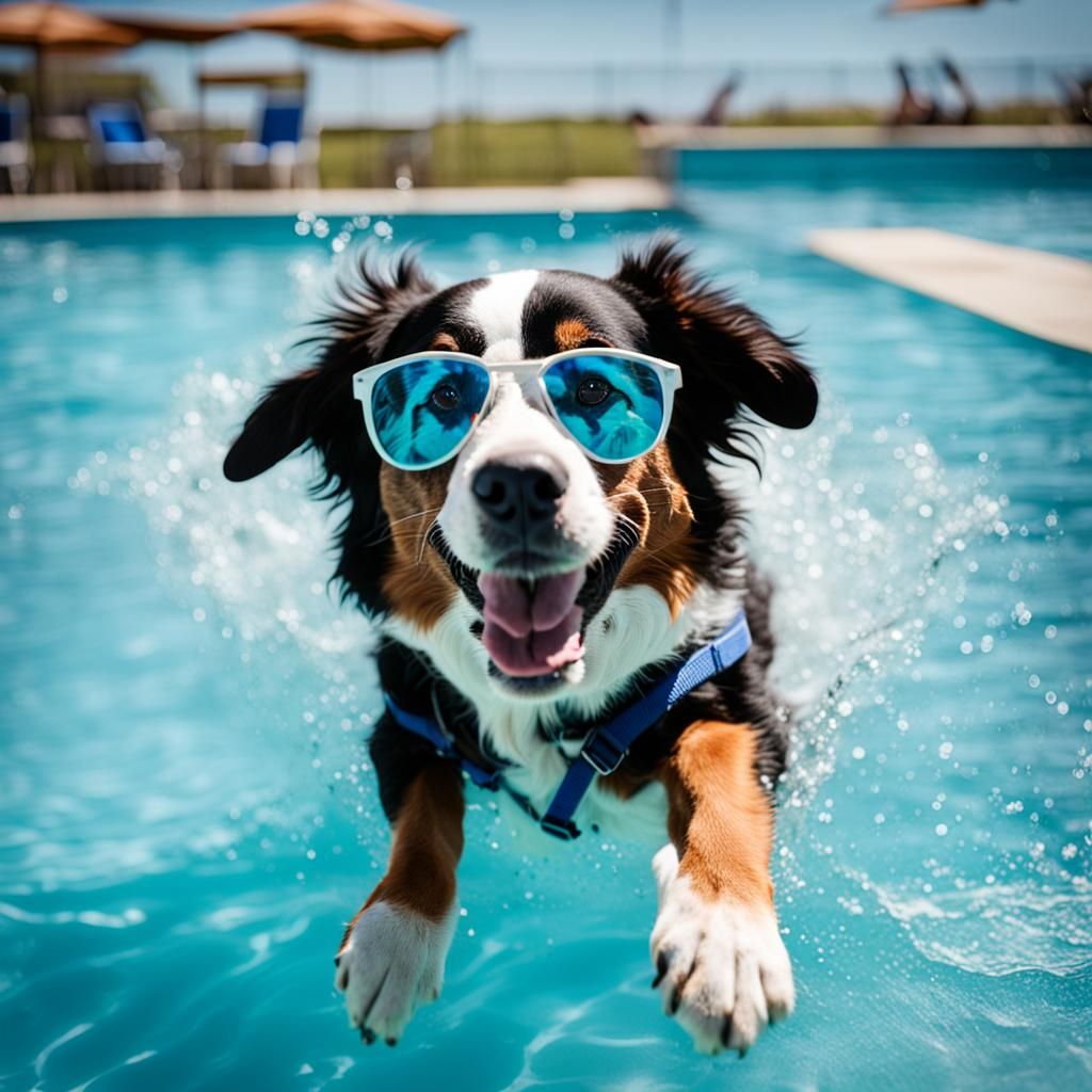 Australian Shepherd Dog Swimming with Sunglasses