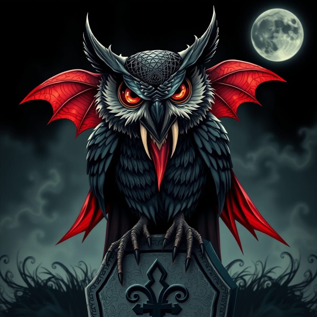 Terrifying Vampire Owl Perched on Grave
