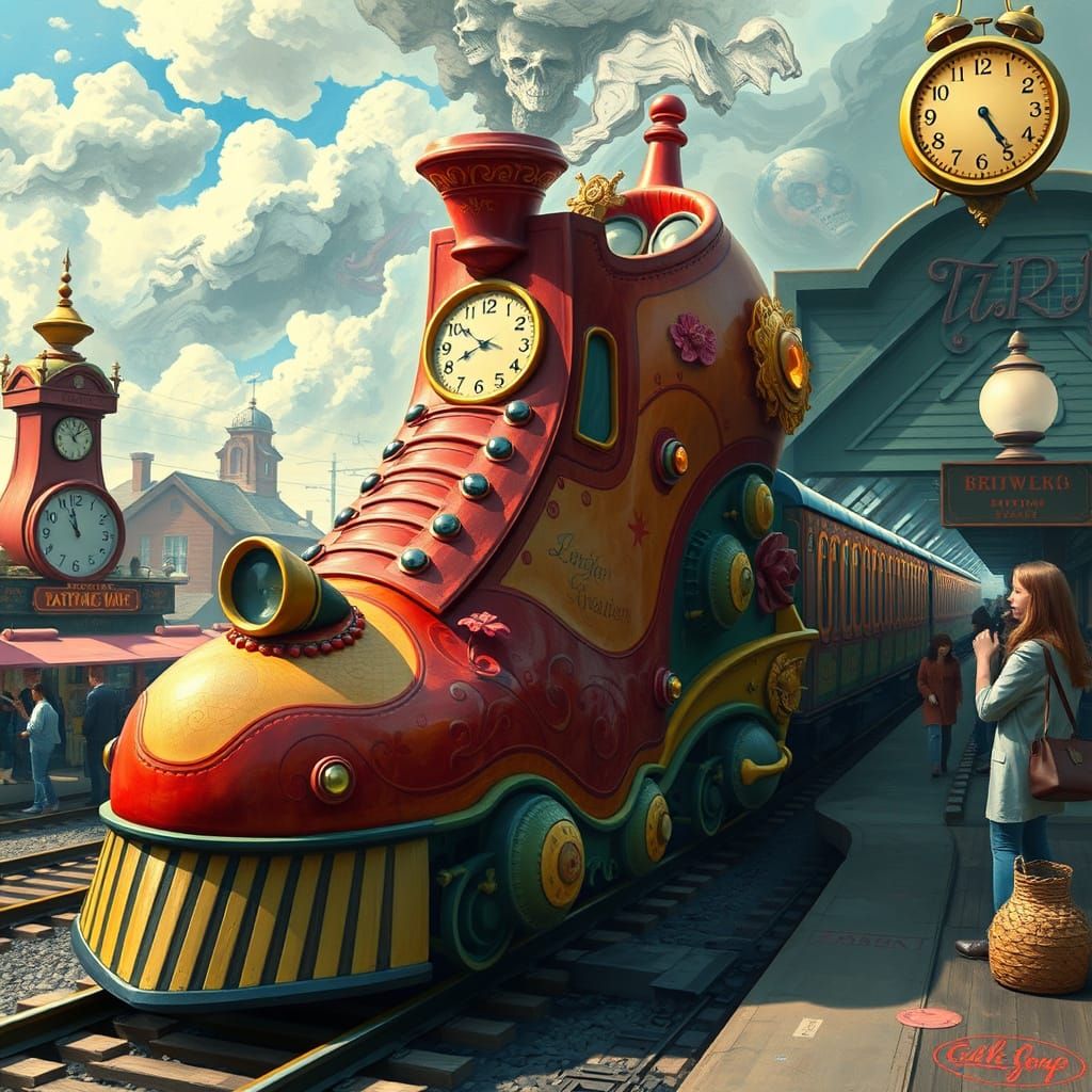 Surreal Shoe Train at Station in Dali Style
