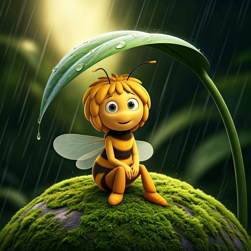 Maya the Bee Finds Shelter Under a Majestic Green Leaf