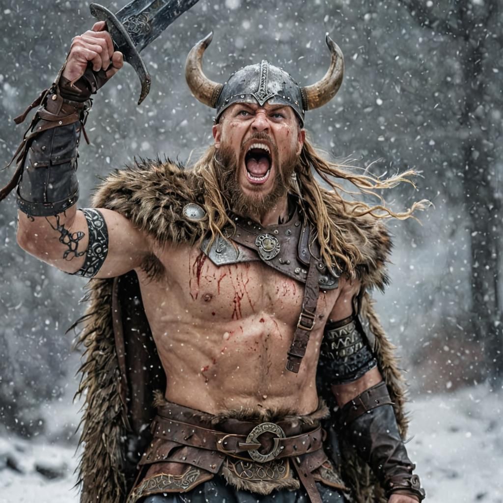 Furious Viking Warrior Roaring in Snowy Battle