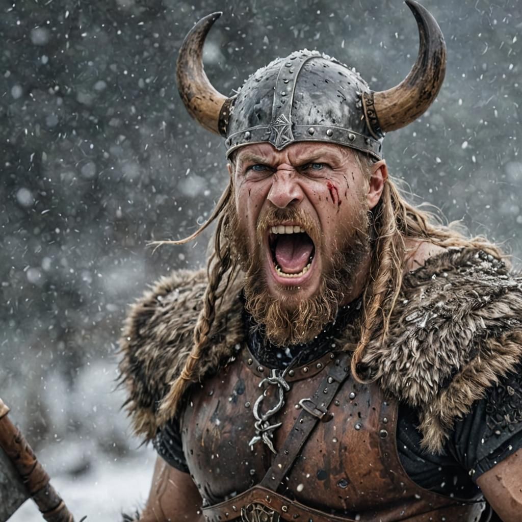 Furious Viking Warrior Roaring in Snowy Battle