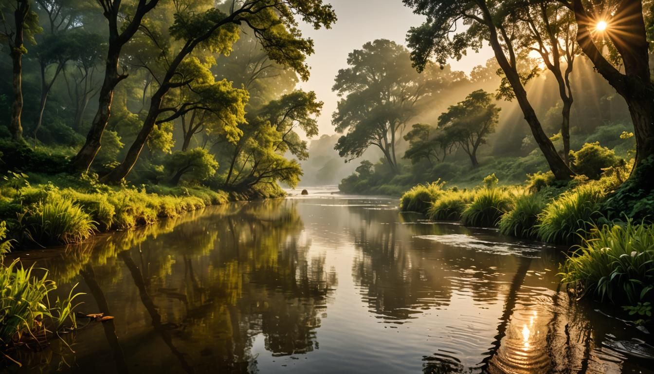 Serene River Flowing Through Lush Landscape