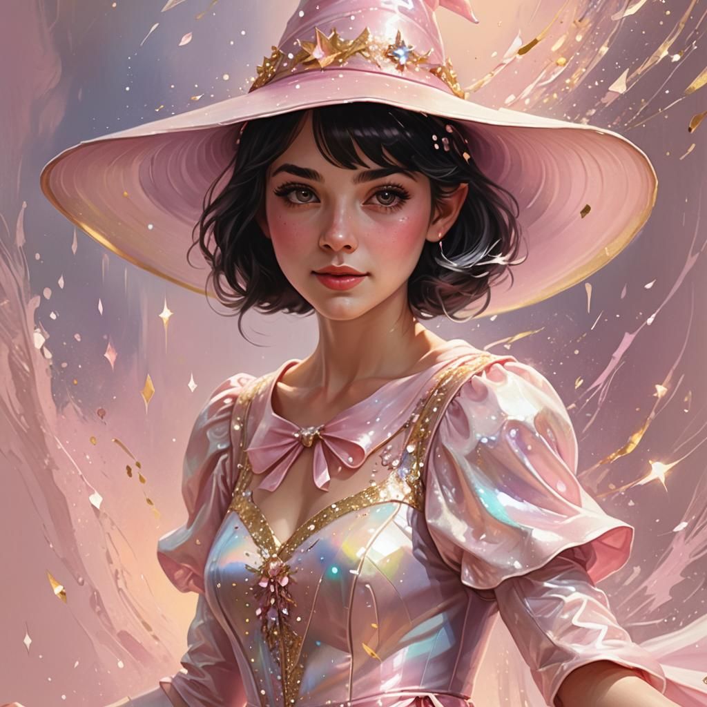 Digital oil painting. Whimsy. Half body view of a cute girl with short dark hair wearing a pastel pink and white witch d...